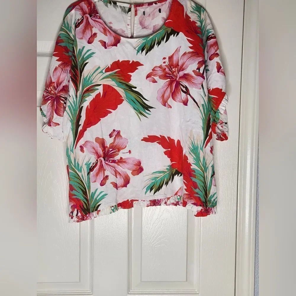 For Cynthia Shirt Women XL Floral Boxy LINEN Viscose Oversized Ruffle Lagenlook